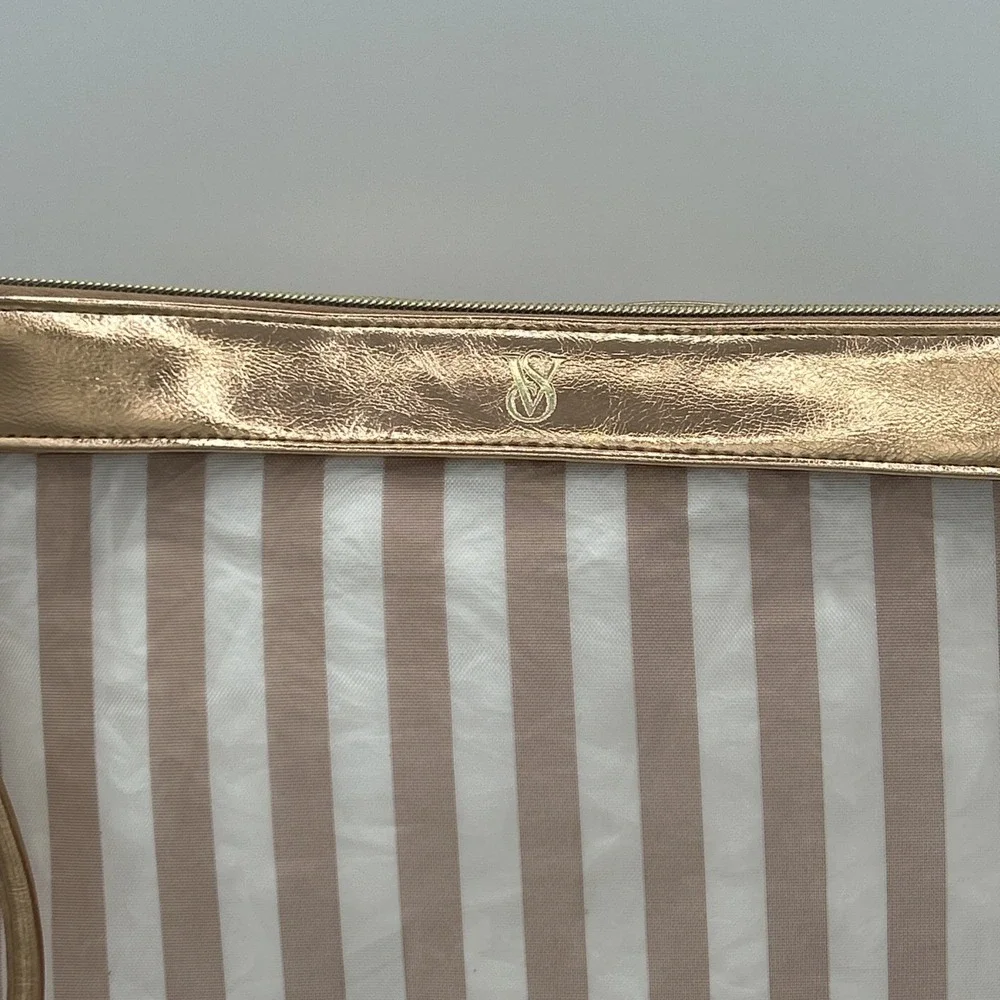 Victoria's Secret Striped Clear Cosmetic Bag Metallic Rose Gold Travel Pouch NWT